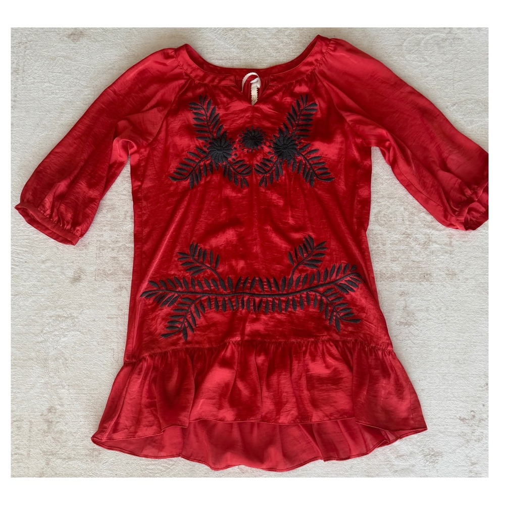 Uncle Frank Red Satin Embroidered Ruffle Hem Tunic Dress Small RN 73510